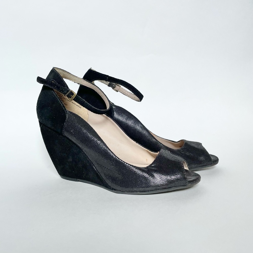 Seychelles Heritage Black Suede Ankle Strap Peep Toe Wedges